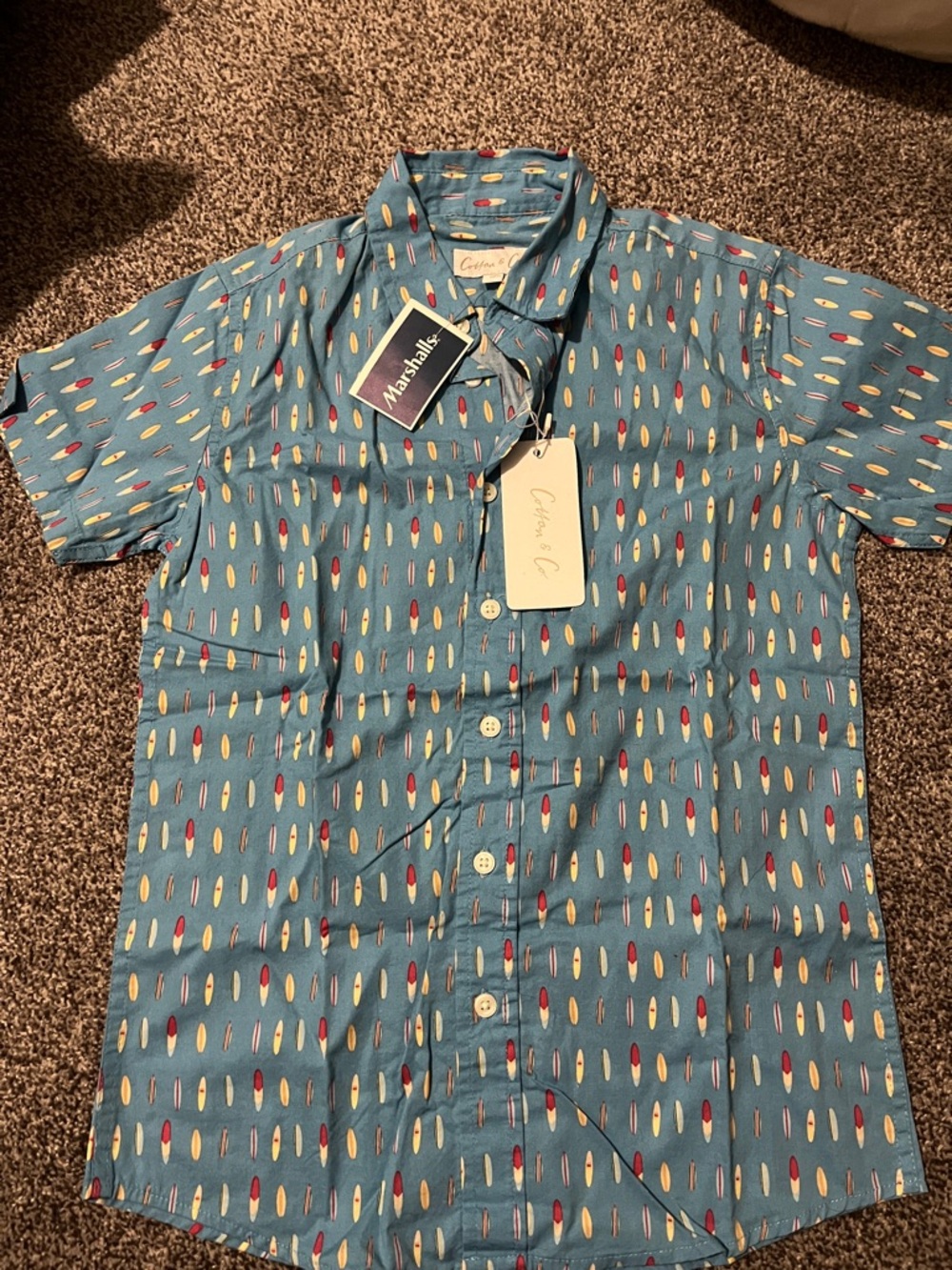 Casual Blue Short-Sleeve Button-Down Shirt with Surfboard Print